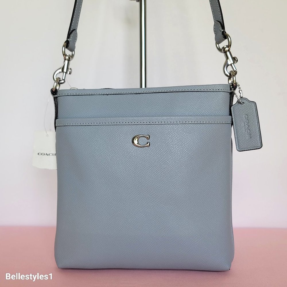 COACH Kitt Crossgrain Leather Messenger Crossbody- Blue Grey color ⭐